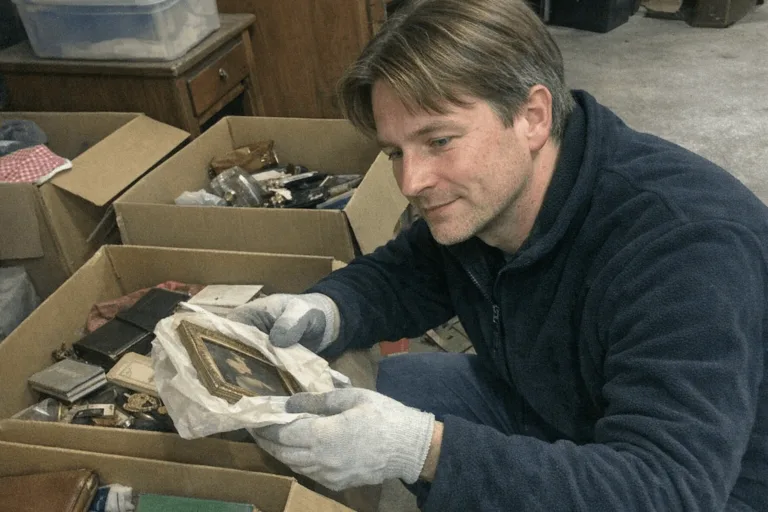Mitarbeiter legt beschriftete Dokumentenmappen und gerahmte Fotos vorsichtig auf einen freien Tisch.