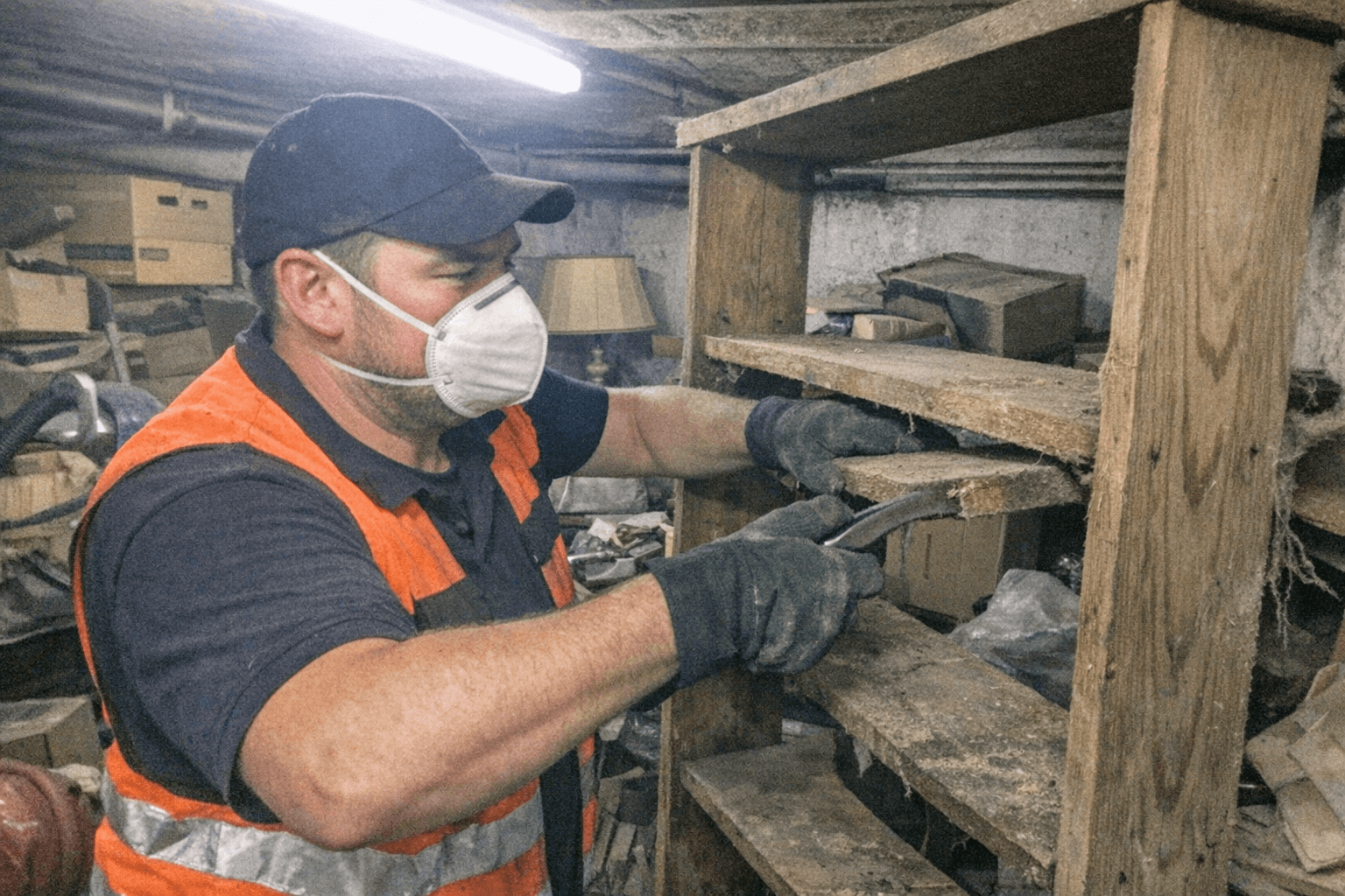 Freigeräumter Kellerflur mit demontiertem Metallregal und stapelweise sortierten Kisten.