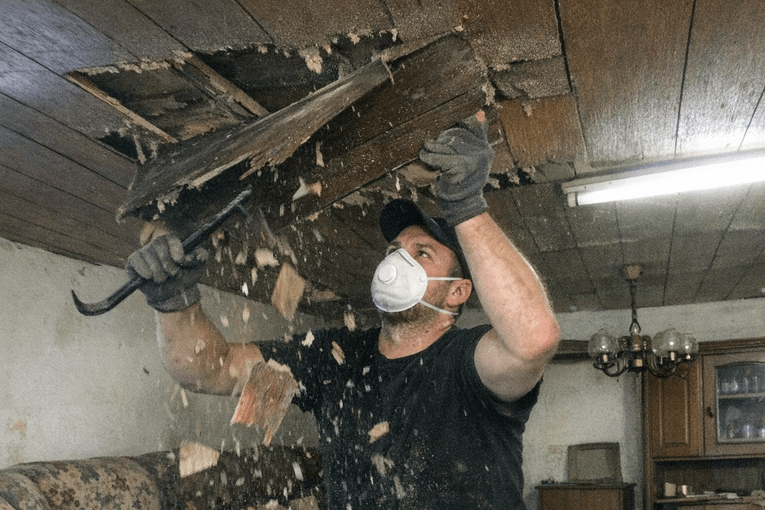 Teilweise geöffnete Holzdecke, während ein Monteur Paneele kontrolliert von der Lattung nimmt.