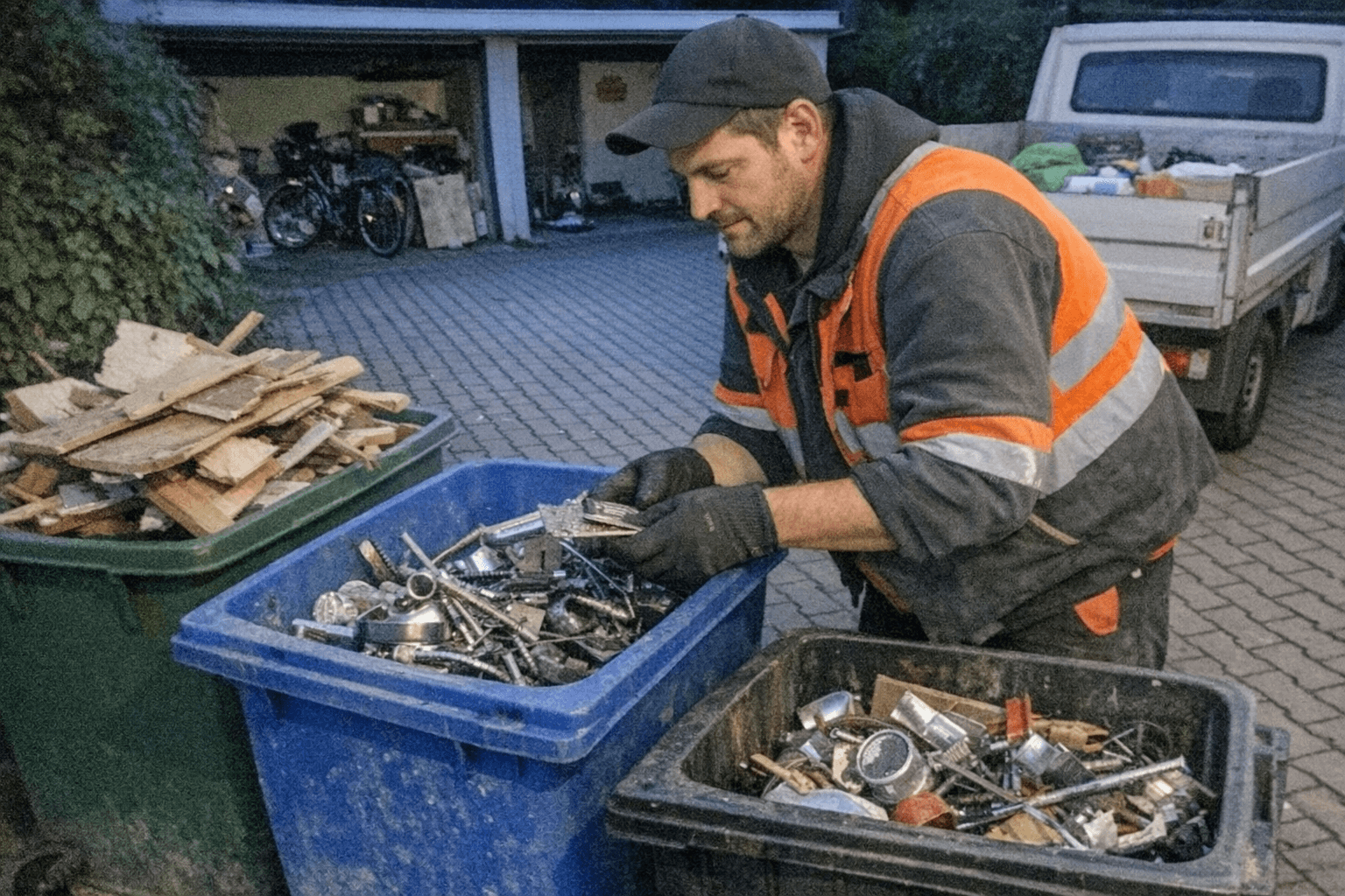 Mehrere beschriftete Sammelbehälter mit Holz, Metall und Elektroteilen in einem aufgeräumten Hof.