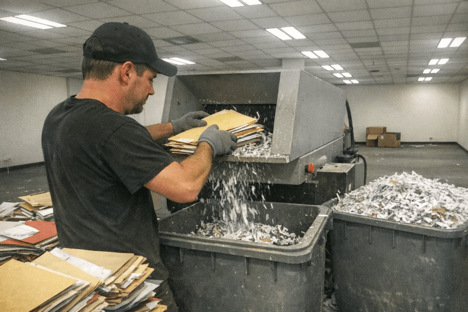 Ordentlich gebündelte Aktenmappen auf einem Tisch neben verschlossenen Transportboxen.
