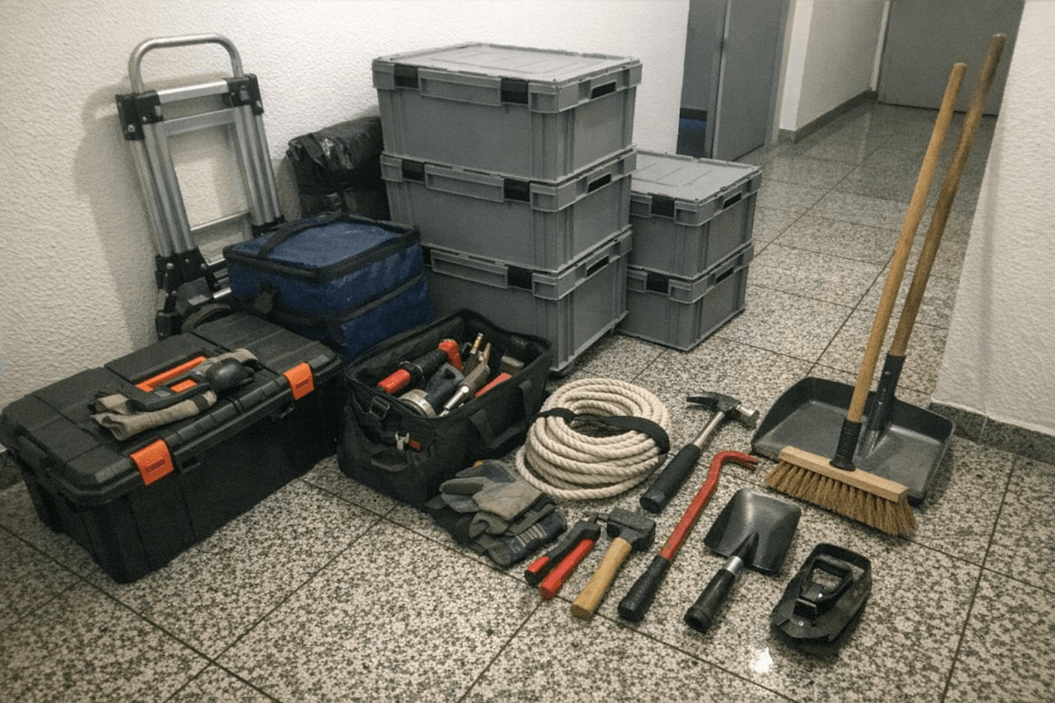 Handschuhe, Werkzeugkisten und beschriftete Transportbehälter ordentlich auf einer Plane im Flur.
