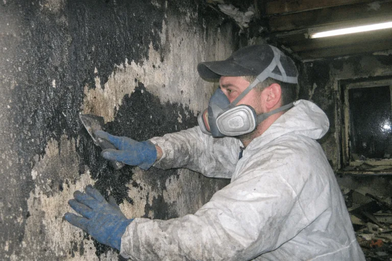 Rußgeschwärzte Wand wird nach einem Brandschaden mit Spezialgerät gereinigt.