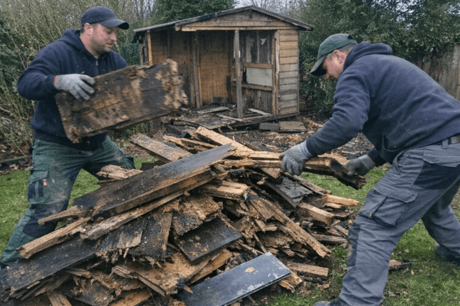 Geräumter Gartenschuppen mit gestapelten Brettern und leeren Regalböden im Hof.