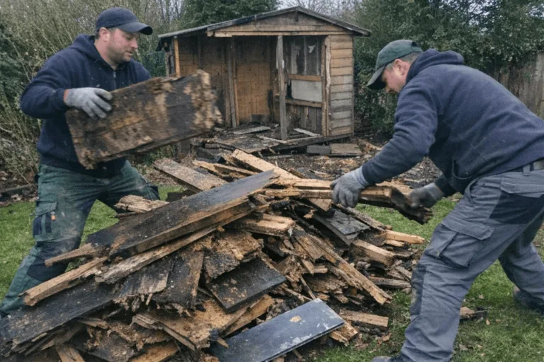 Zwei Arbeiter tragen Bretter und altes Werkzeug aus einem kleinen Gartenschuppen.