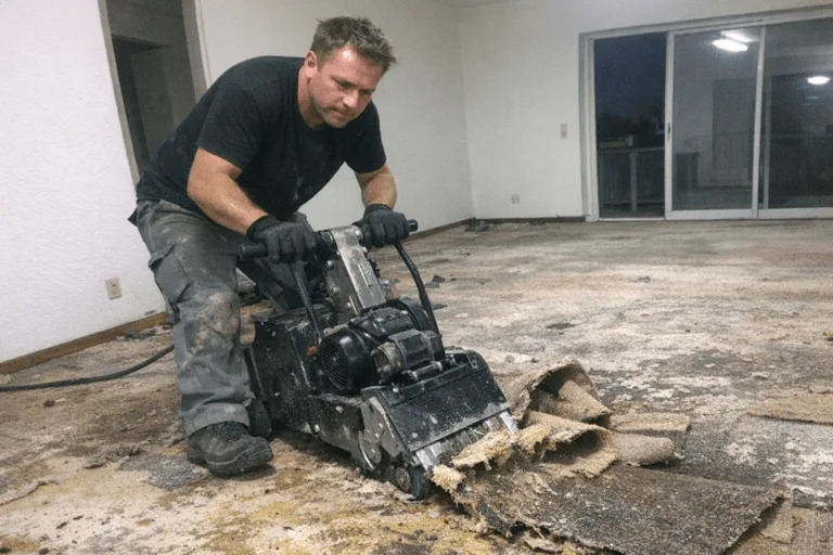 Handwerker zieht alten Teppichboden mit Spachtel und Messer von einem Betonboden ab.