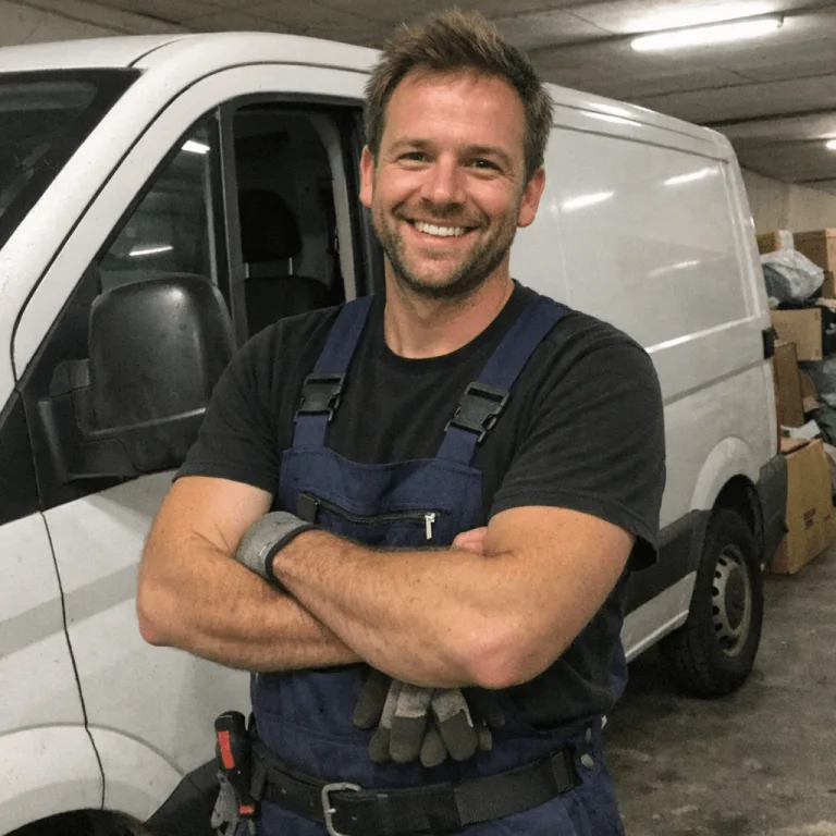 Mitarbeiterteam lädt Werkzeugkisten vor einem weißen Transporter in einer Wohnstraße in Moers aus.