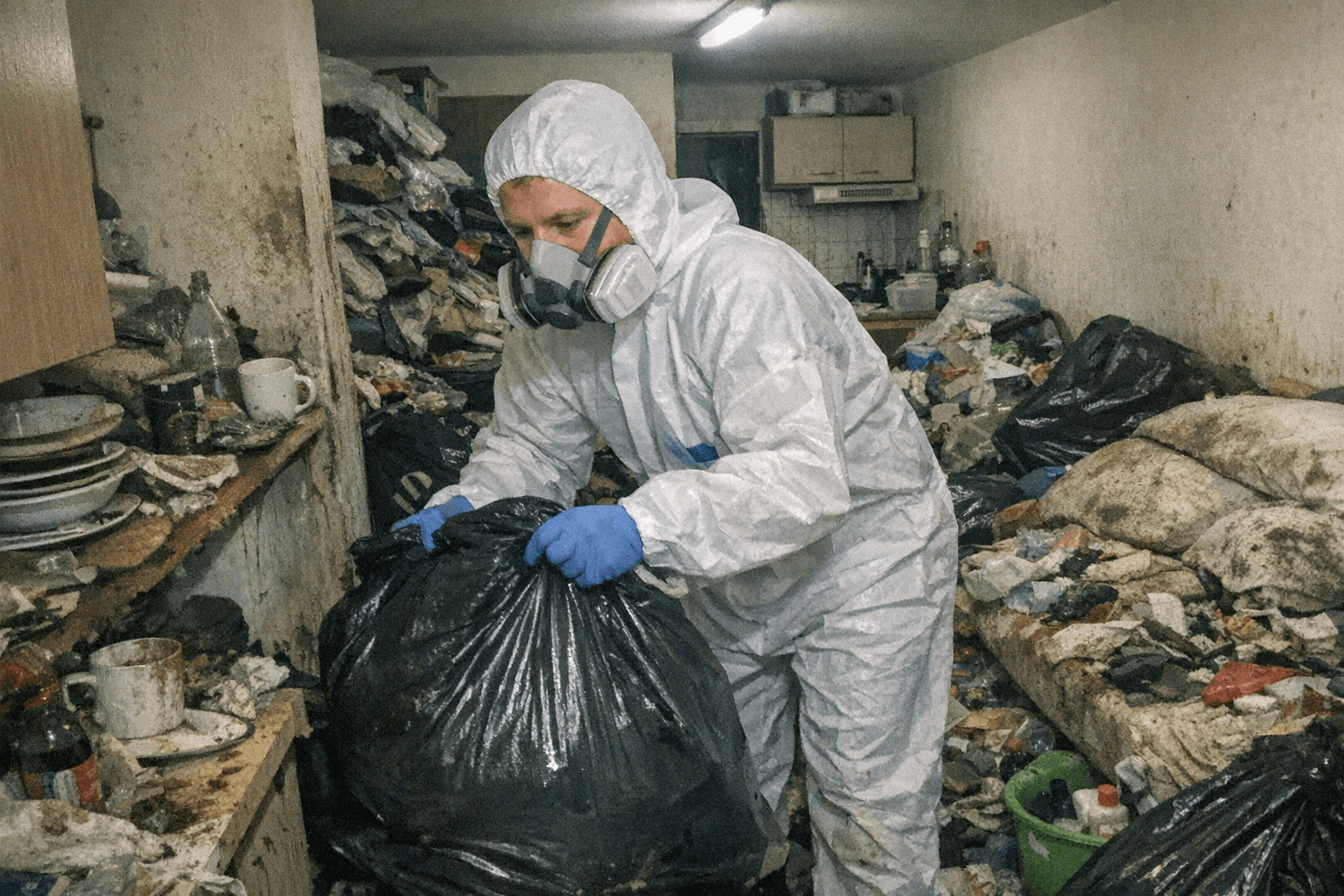 Mitarbeiter mit Schutzanzug und Atemmaske sortieren Abfälle in einer stark überfüllten Küche.